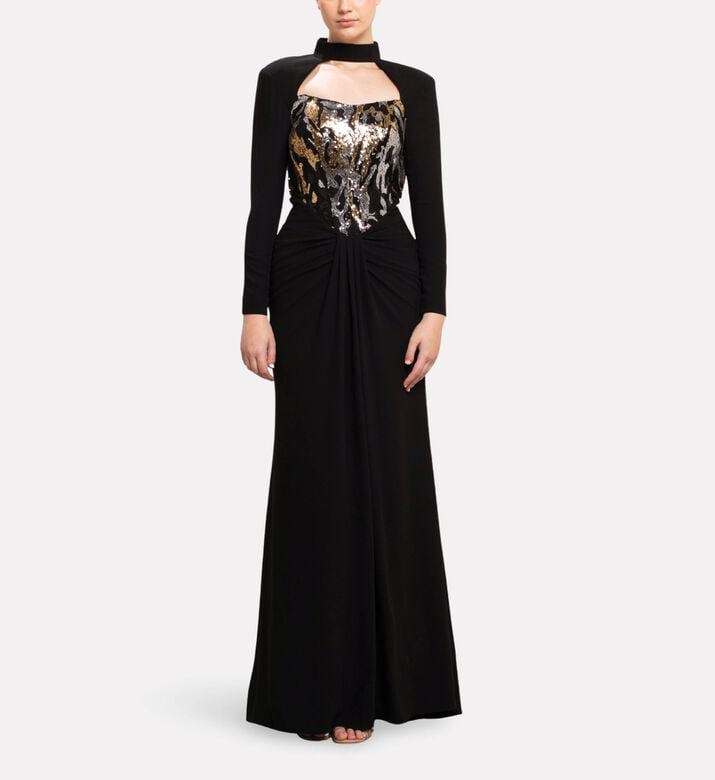 Michael Cinco Draped Bodice Cutout Long Evening Gown, Model View