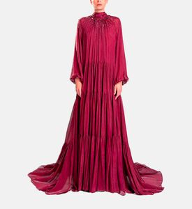Michael Cinco Long-sleeve High Neck Flared Dress, Burgundy, Model View
