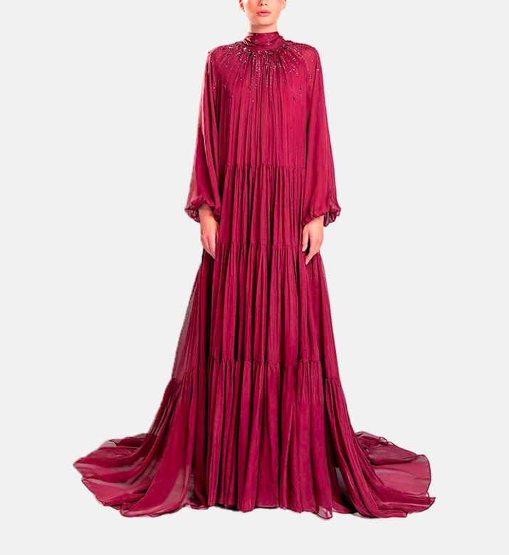 Michael Cinco Long-sleeve High Neck Flared Dress, Burgundy, Model View