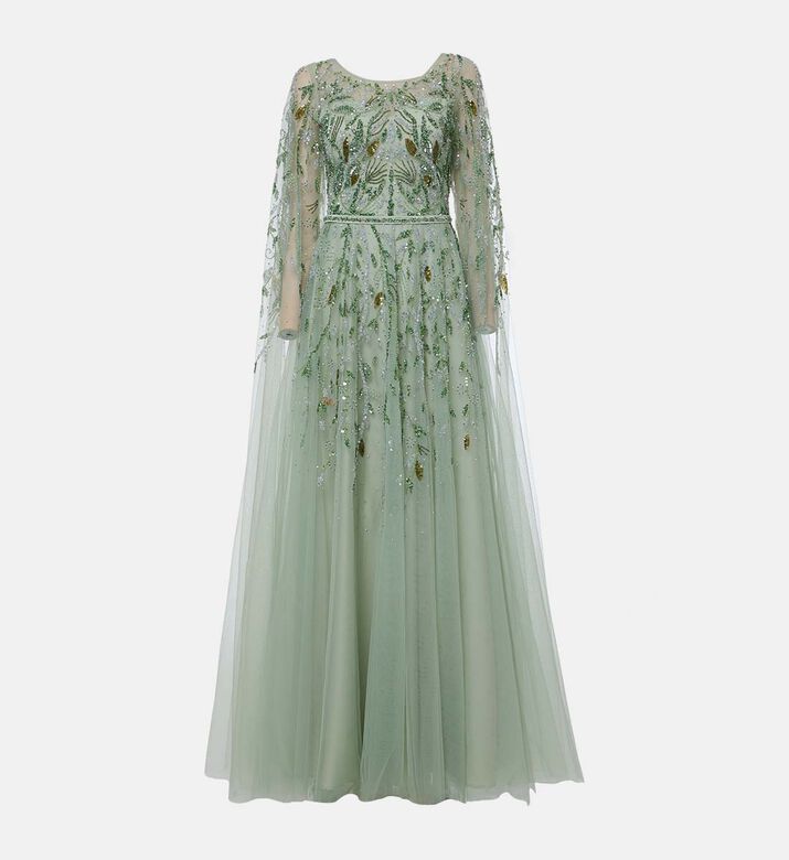 فستان ماكسي بكاب بتصميم أوراق شجر