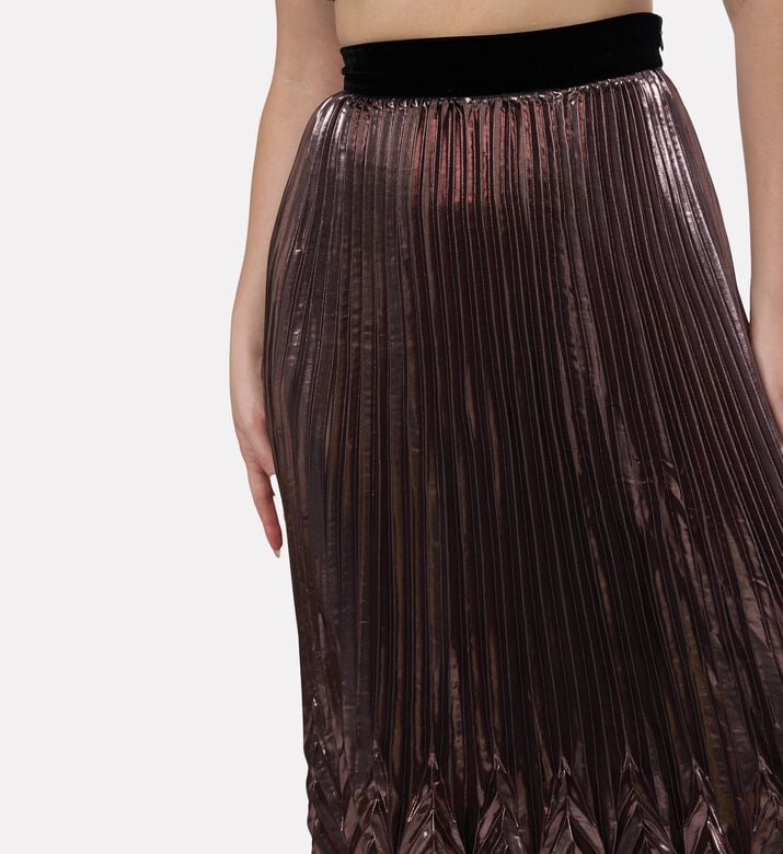 Blue For Burgundy Chevron Pleated Metallic Maxi Skirt, Brown, 38, Model View