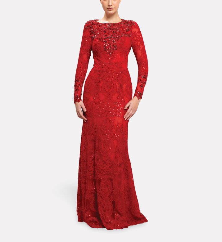 Michael Cinco Embellished Lace Long Evening Gown, Model View
