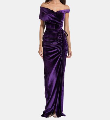 Velvet Off-shoulder Tie-rushed Gown