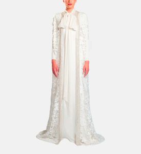 Michael Cinco Floral-embroidery Cape Flared Dress, White, Xl, Model View