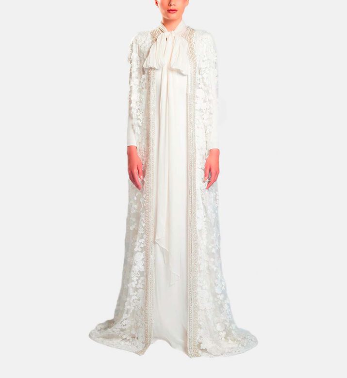 Michael Cinco Floral-embroidery Cape Flared Dress, White, Xl, Model View