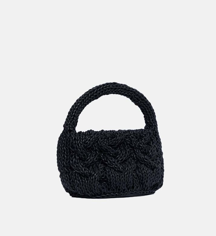 Leather Drawcord Cable Knit Bag