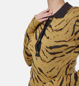 Ganni Logo-engraved Buttons Tiger-stripe Polo Shirt, Model View