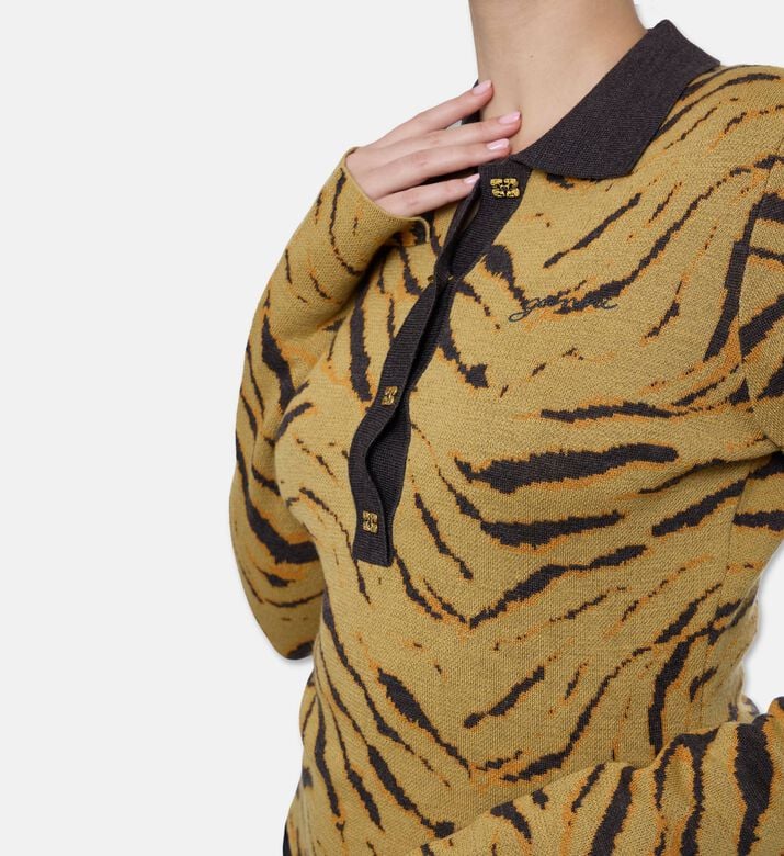 Ganni Logo-engraved Buttons Tiger-stripe Polo Shirt, Model View
