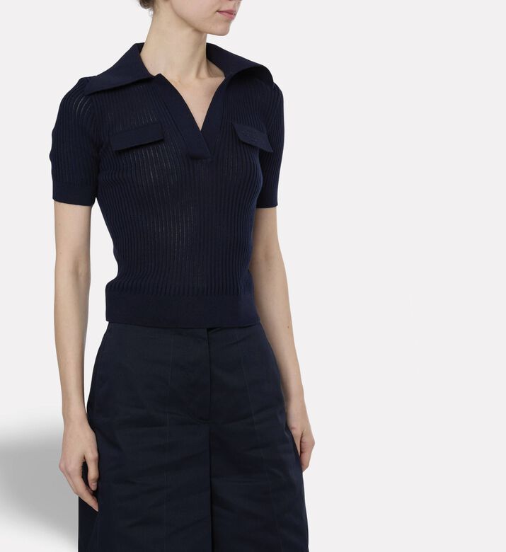 Patou Ribbed Knit Polo Shirt, Blue, L, Model View