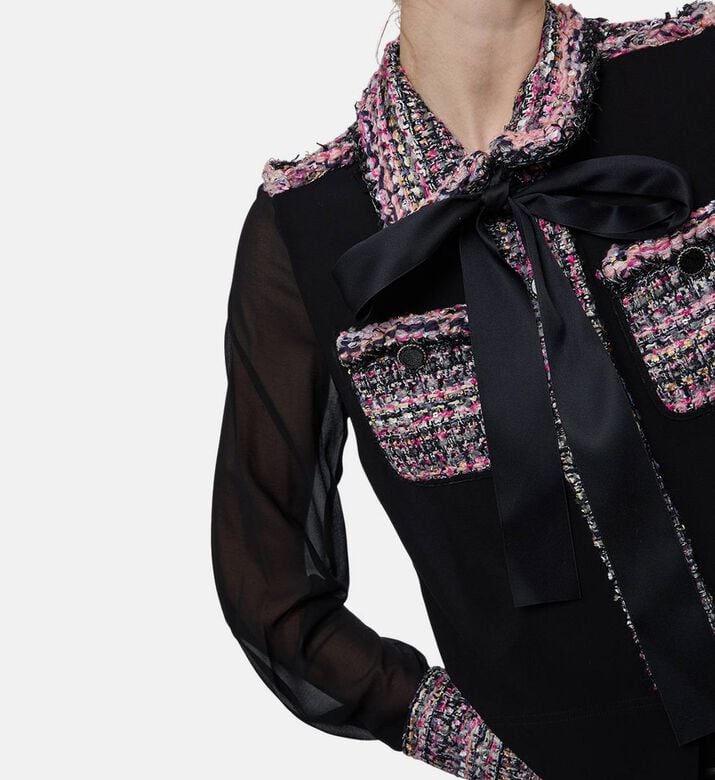 Edward Achour Paris Sheer Woven Tweed Panel-detail Blouse, Model View Edward Achour Paris Sheer Woven Tweed Panel-detail Blouse, Model View