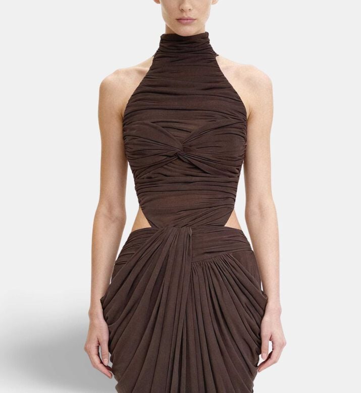 JW PEI Ruched Twist-front Halter Bodysuit, Model View