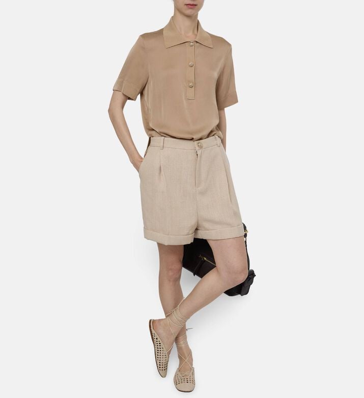 Edward Achour Paris Knitted Short-sleeve Polo Top, Beige, 44, Model View