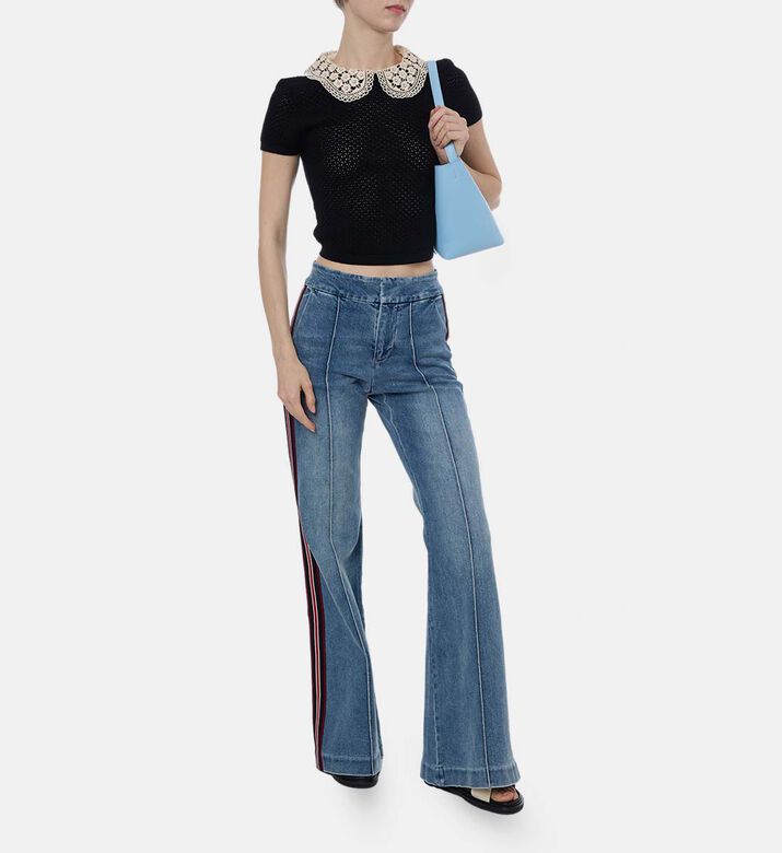 Lace Collar Open-knit Short-sleeve Top