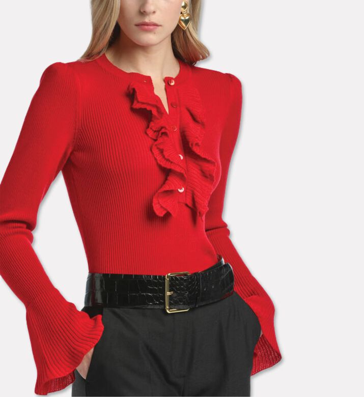 Luisa Spagnoli Margarita Ruffled Ribbed Slim-fit Top, Red, S, Model View