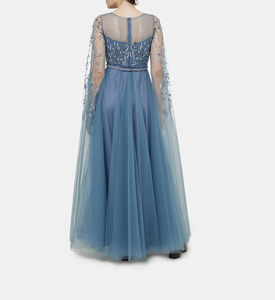 فستان ماكسي بأكمام تول بتصميم أوراق شجر