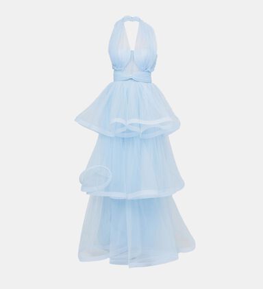 Cross Halter Neck Tulle Gown With Layered Skirt