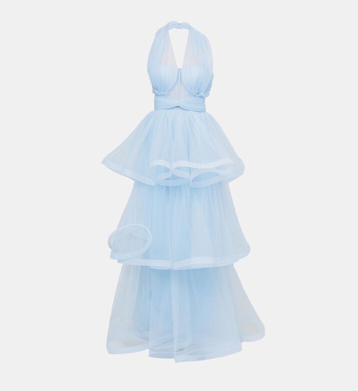 Cross Halter Neck Tulle Gown With Layered Skirt