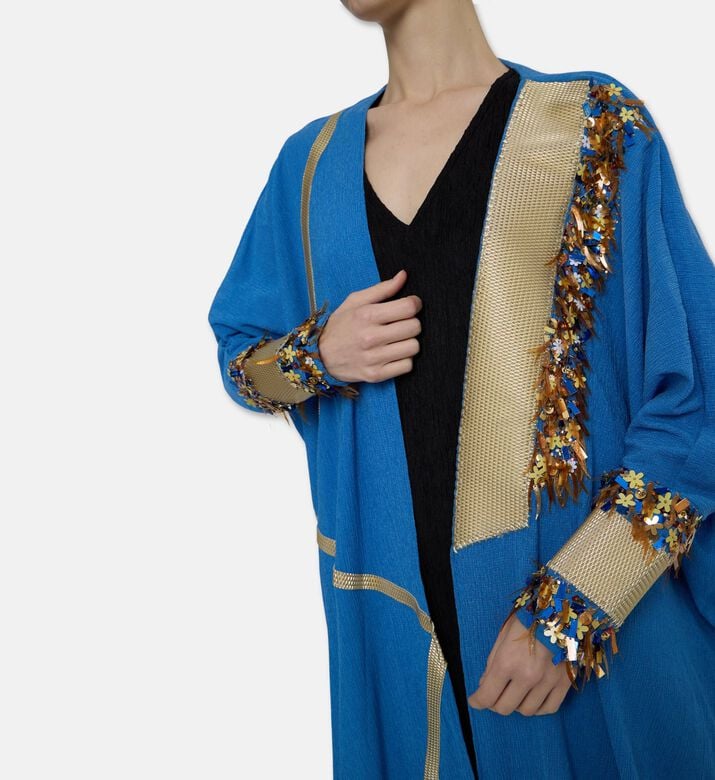 Dalia Al Azem Diagonal Gold-taping Sequined Abaya, Model View