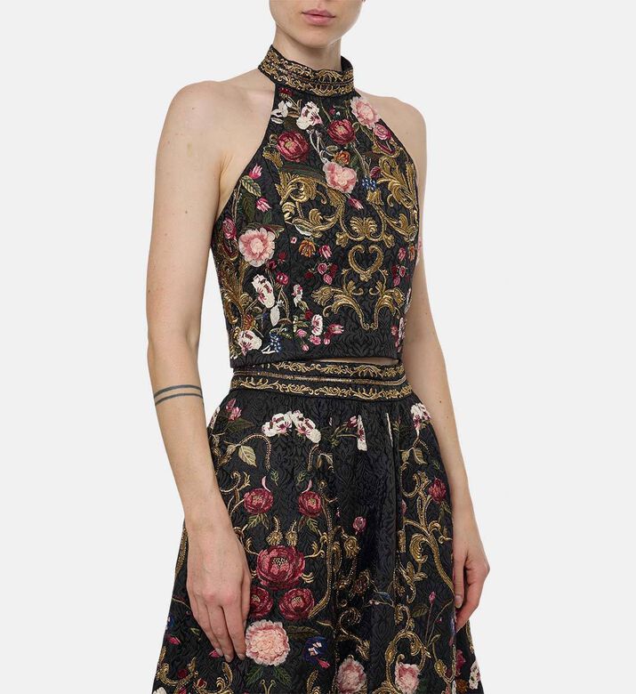 Alice and Olivia Flower-embroidery Sleeveless Crop Top, Model View
