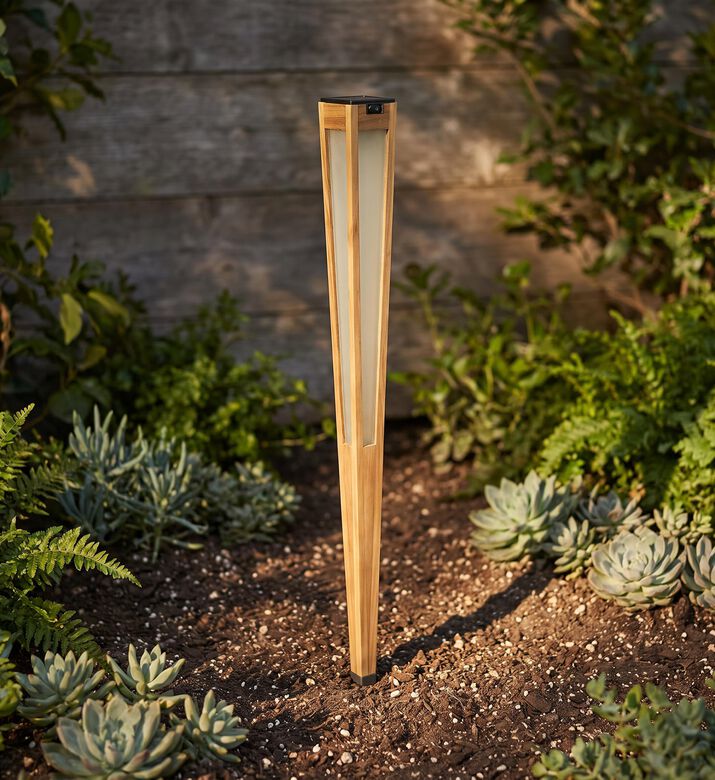Les Jardins Lanai Teak Wood Torch Solar Lantern, Packshot View