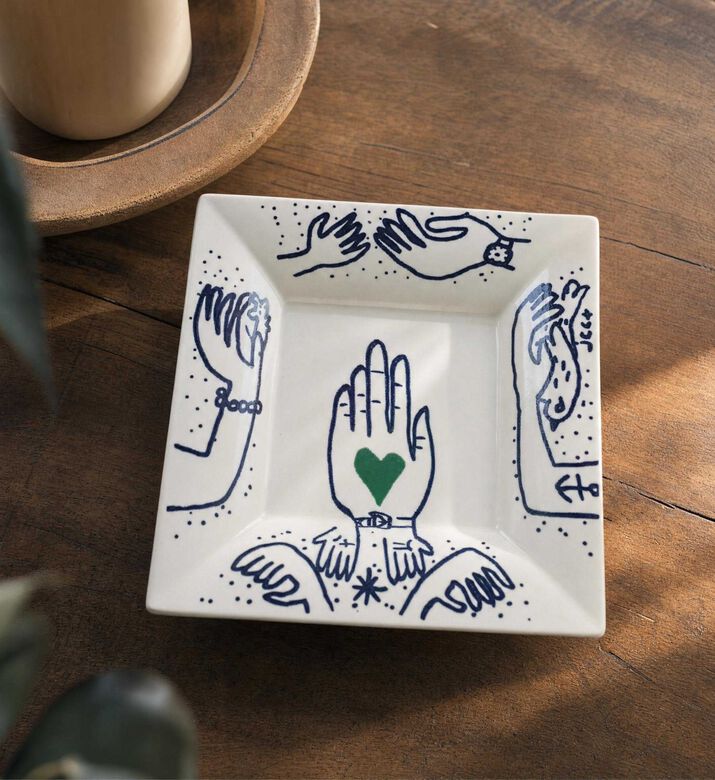 Gien Archipel Sentimental Hands Motif Large Square Candy Tray, Model View