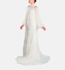 Michael Cinco Long-sleeve High Neck Flared Dress, White, Model View