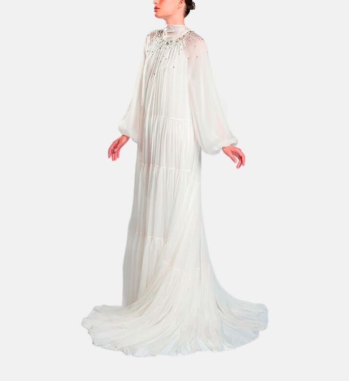 Michael Cinco Long-sleeve High Neck Flared Dress, White, Model View