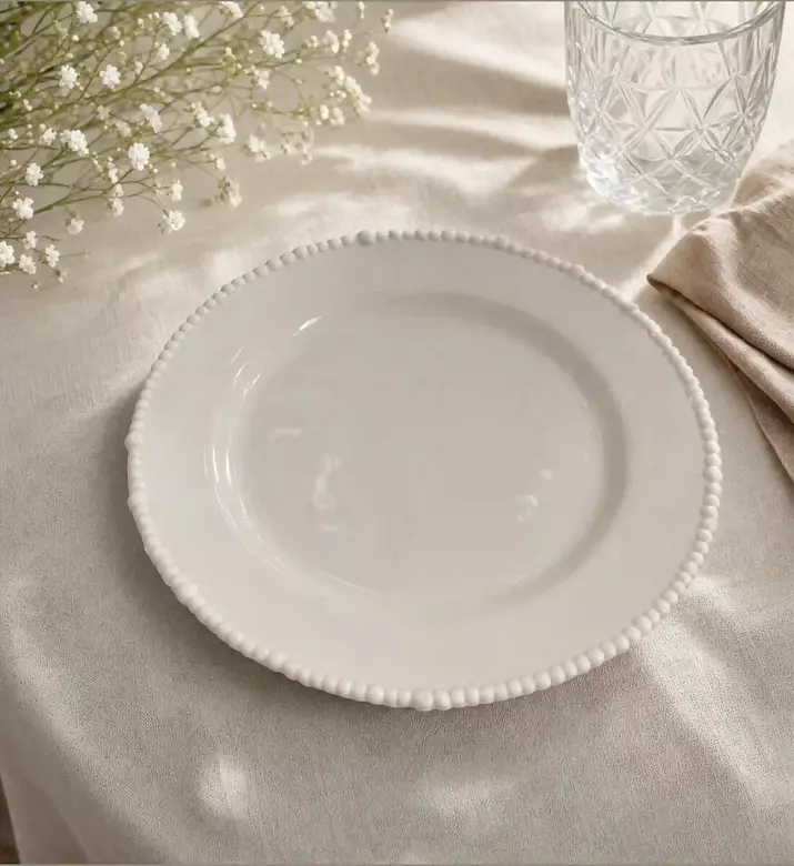 Baci Milano Pearl Embellished Dessert Plate, Taupe, Model View