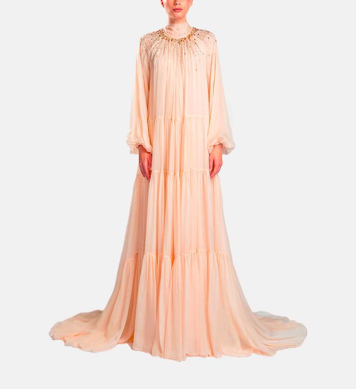Michael Cinco Long-sleeve High Neck Flared Dress, Peach, Model View