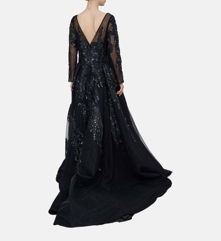 Black Sequin Embellished Long Flared Dress