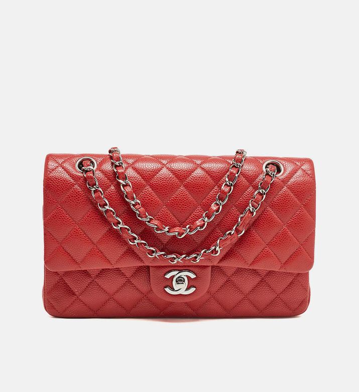 Chanel Red Quilted Caviar Leather Medium Double Flap Bag Preowned