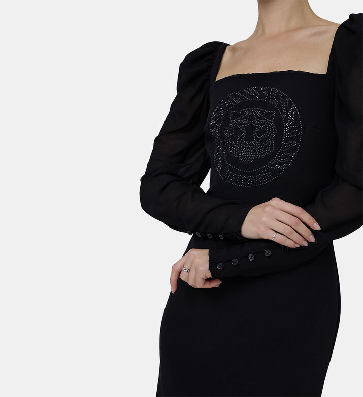 Rhinestone Logo Puffed Sleeve Mini Dress