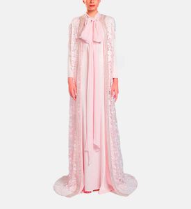 Michael Cinco Floral-embroidery Cape Flared Dress, Pink, Xl, Model View