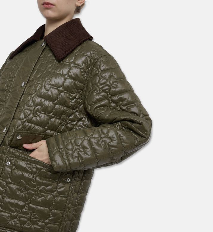 Ganni Contrast Collar Floral-quilted Jacket, Olive, L-xl, Model View