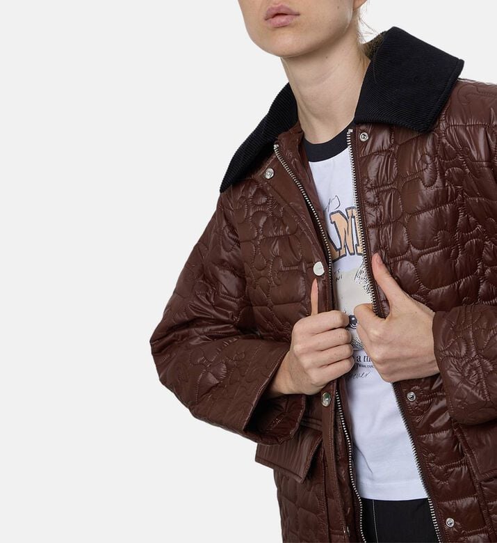 Ganni Quilted Button Closure Midi Jacket, Model View Ganni Quilted Button Closure Midi Jacket, Model View