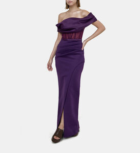 Satin Off Shoulder Gown With Tulip Neoprene Skirt