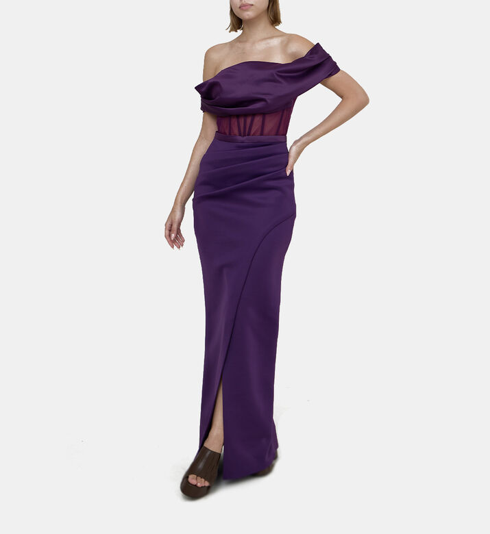 Satin Off Shoulder Gown With Tulip Neoprene Skirt