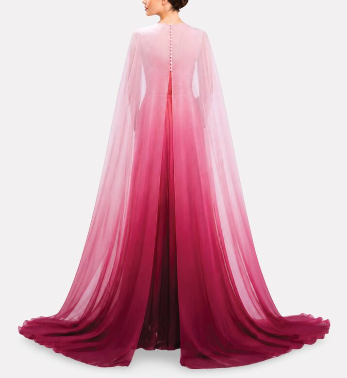 Michael Cinco Chiffon Draped V-neck Evening Dress, Model View