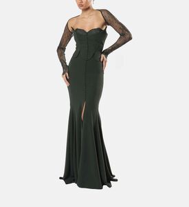 Button Front Sheer Lace Sleeves Fishtail Gown Button Front Sheer Lace Sleeves Fishtail Gown