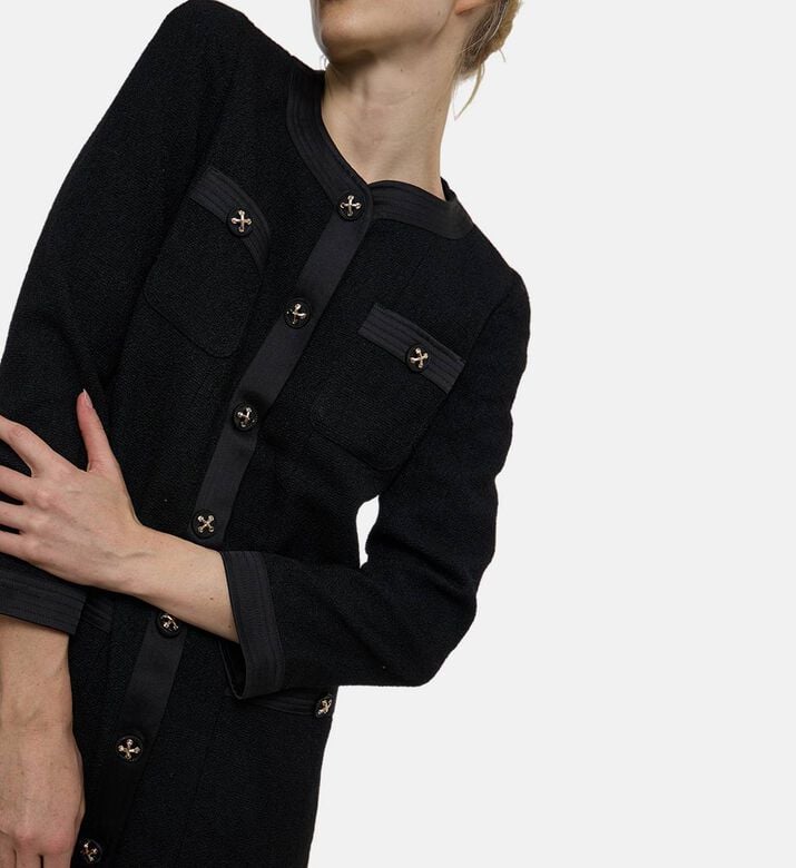 Edward Achour Paris Tweed Top Pleated Maxi Dress, Model View Edward Achour Paris Tweed Top Pleated Maxi Dress, Model View