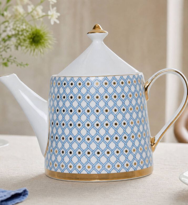 Imperial Gold-tone Handle Spout Blue Lattice Teapot, Model View