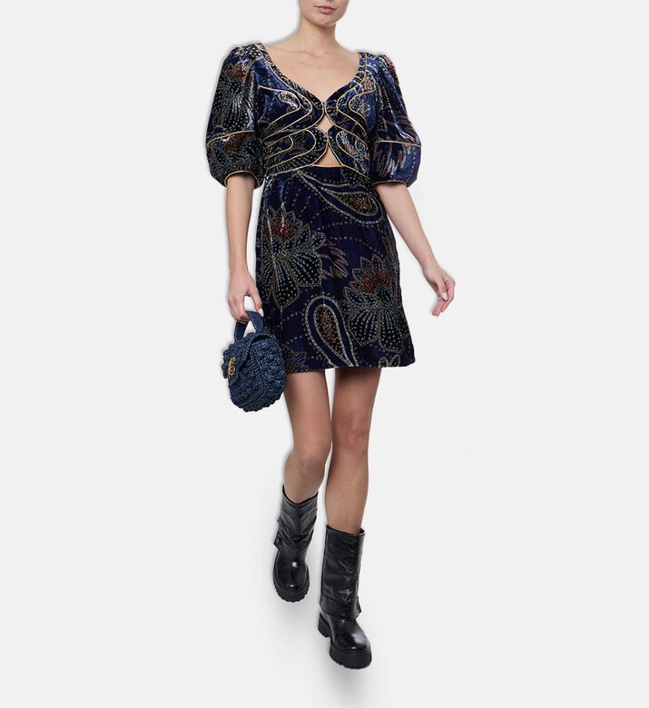 Farm Rio Floral Glam Scarf Velvet Mini Dress, Model View