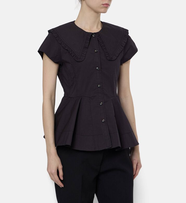 Ganni Ruffled Button-down Peplum Blouse, Black, 36, Model View