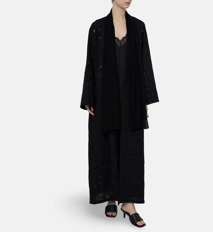 BANOU Monochromatic Paisley-embroidery Abaya, Black, Model View