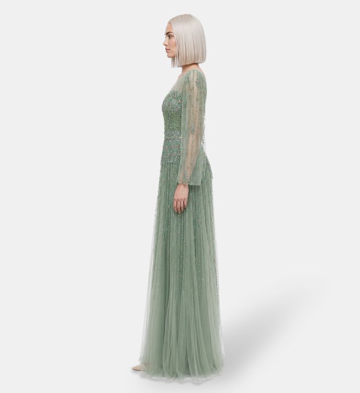 Suzy Matar Embellished Tulle Maxi Gown, Light-green, S, Model View
