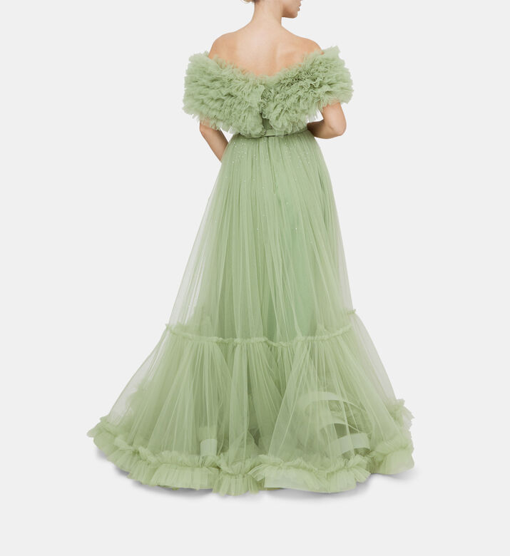 فستان تول بكورسيه مطرز بأحجار الخرز