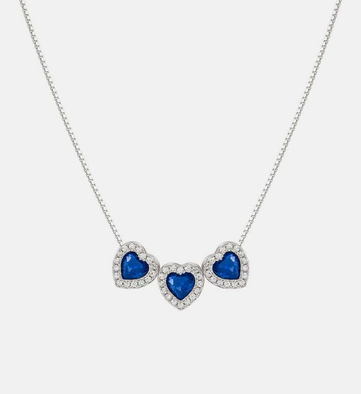 قلادة أول ماي لوف فضية بقلب ثلاثي من زركونيا مكعبة زرقاء