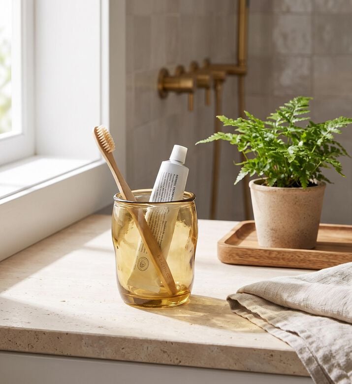 Andrea House Diamon Round Glass Bathroom Tumbler, Yellow, Model View