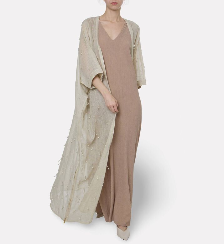 By Febe Sheer Linen Pearl Embellishment Abaya, Model View