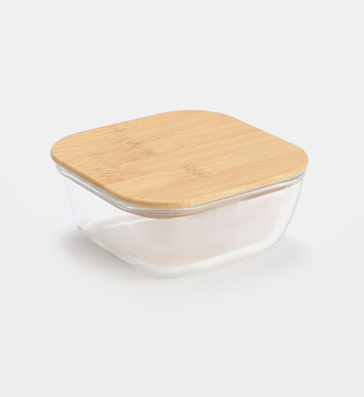 حاوية زجاجية مربعة بغطاء من الخيزران